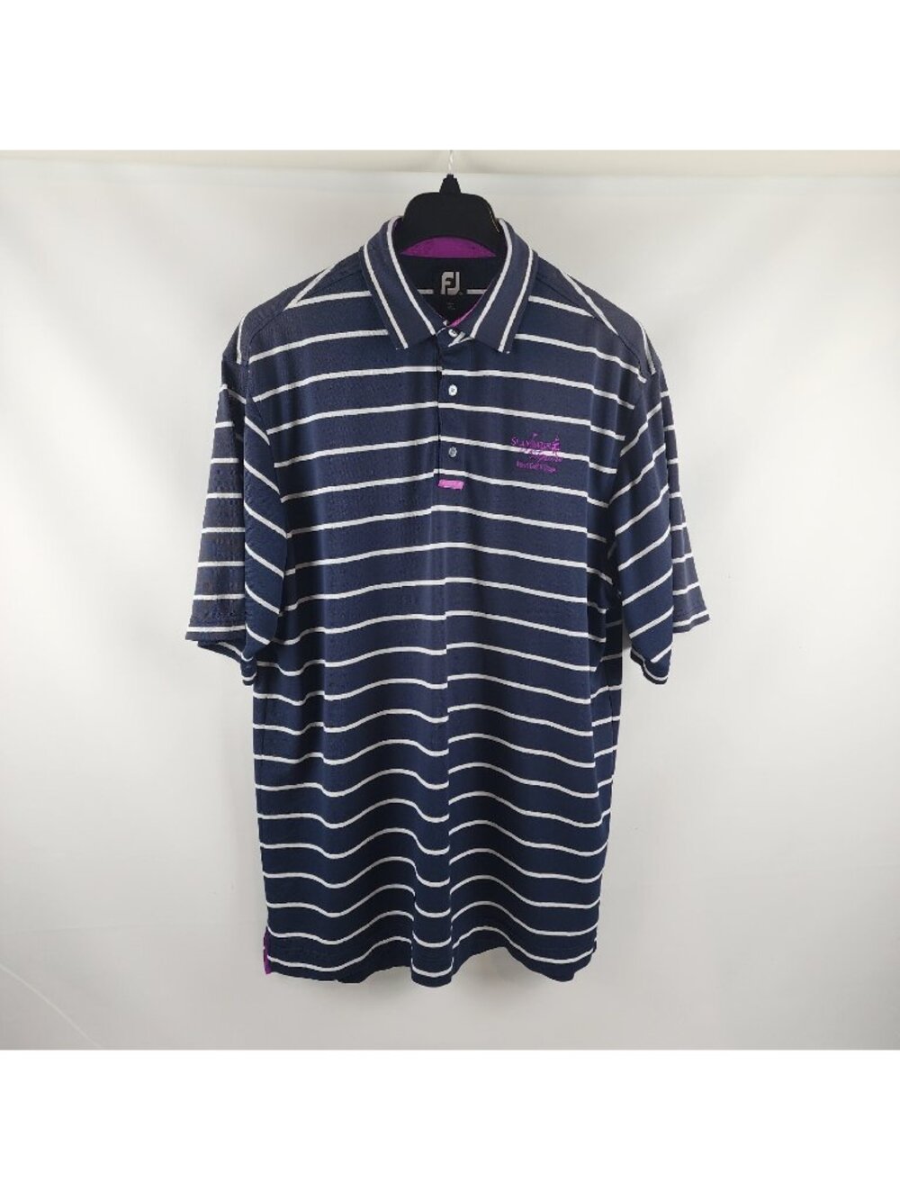 FootJoy Polo Shirt Men XL Purple Navy White Striped Slammer Squire Golf Logo FJ
